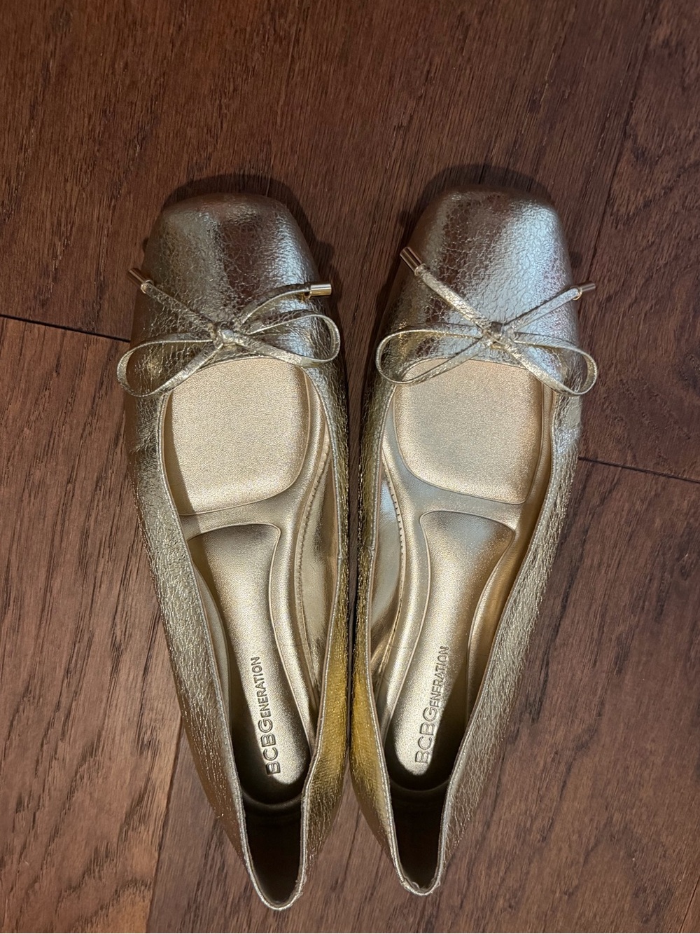BCBGeneration Metallic Gold Square-Toe Ballet Flats with Bow